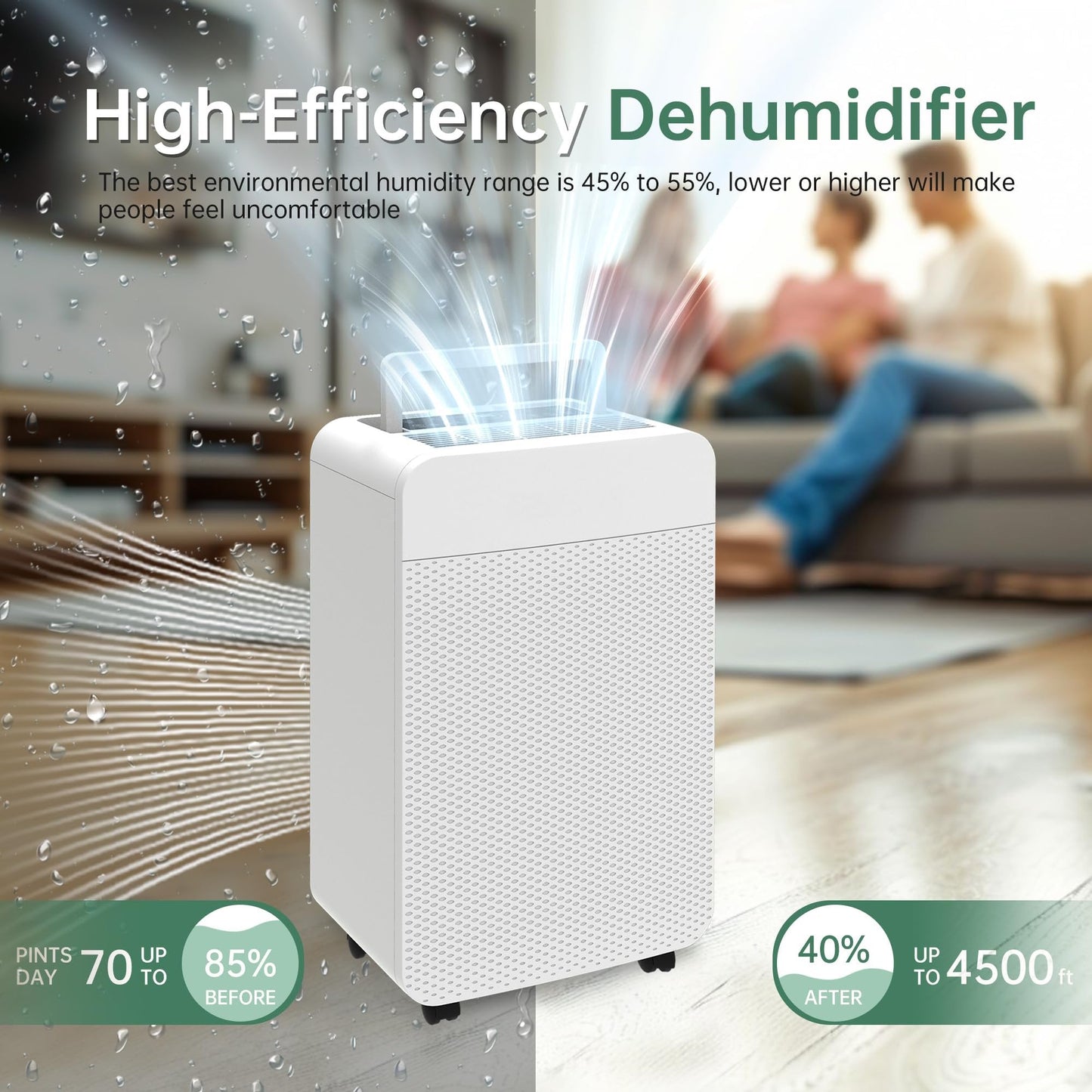 PhiloDeco 4500 Sq. Ft 70 Pints Dehumidifier for Basement and Home, Bathroom, Bedroom, Equipped With Drainage Hose, Automatic Defrosting, 24-Hour Timer Function