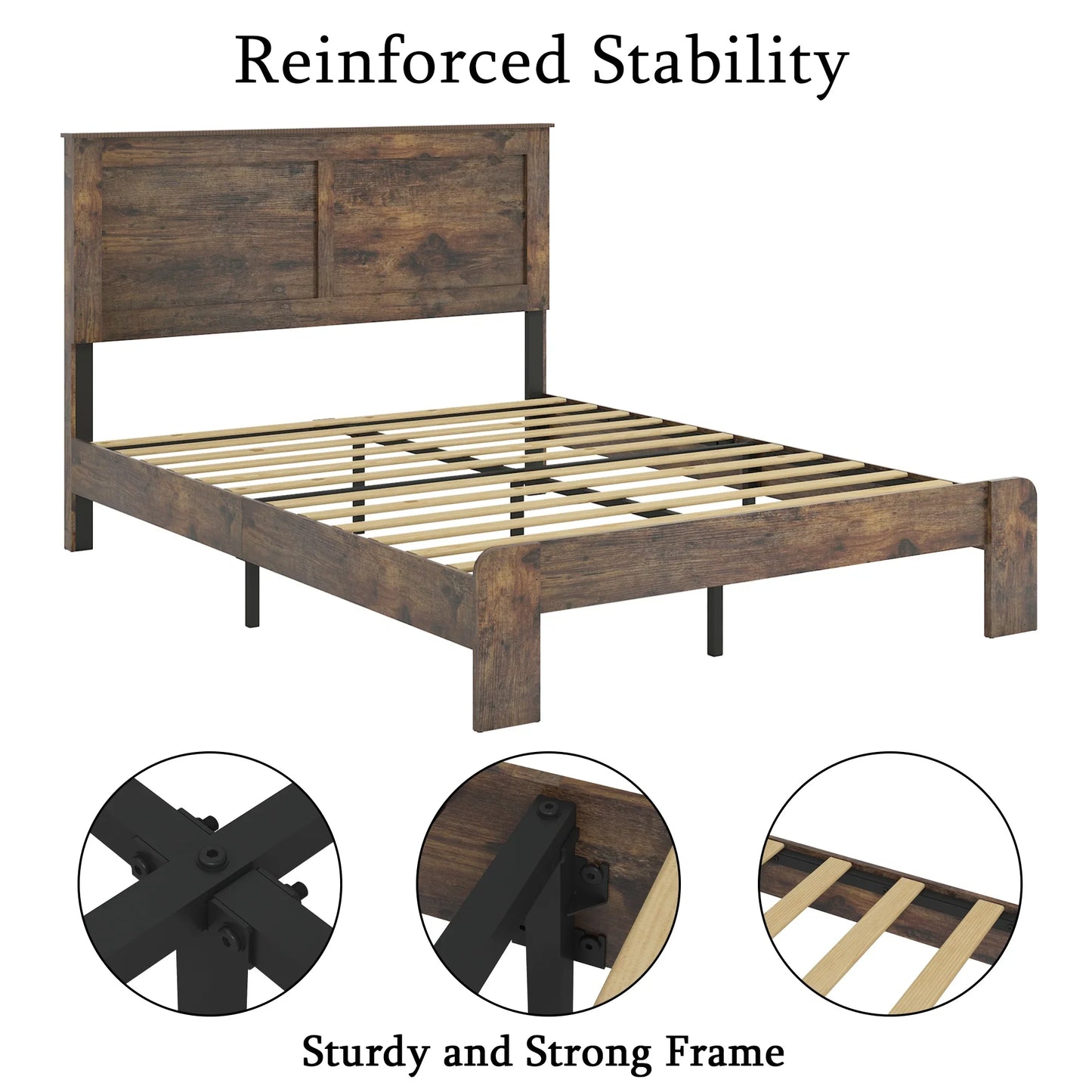 PAPROOS Queen Size Wood Bed Frame, Heavy Duty Wood Platform Bed with Headboard and Strong Wooden Slats, Rustic Queen Bed Frame for Teens Adults, No Box Spring Needed, Dark Brown
