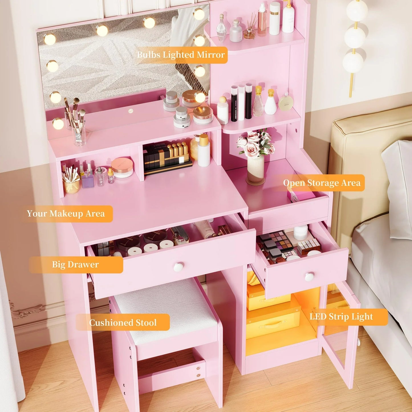 Sesslife Makeup Vanity Set with Bulbs Mirror, Dressing Table with LED Cabinet, Vanity Set for Girls, Women, Pink