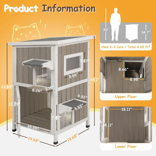 PETSCOSSET Outdoor Cat House, Two-Story Feral Cat Shelter with Asphalt Roof