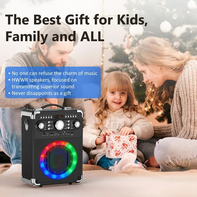 FanFun Party Speaker, Powerful Subwoofer/Tweeter Bluetooth Speaker with DJ Lights & Remote Contro, 3 Wireless Karaoke Microphones, 12 H Playtime