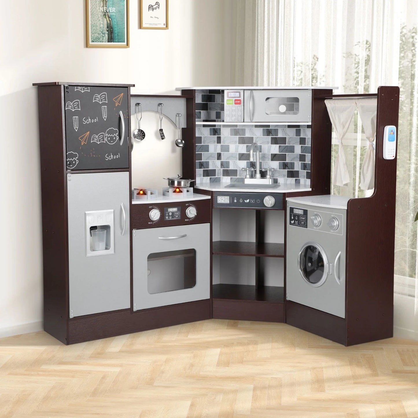 iYofe Corner Play Kitchen, Espresso Kids Kitchen Playset with Lights & Sounds, Play Phone and Curtains, Wooden Kitchen Toys for Ages 3-5 Boys Girls