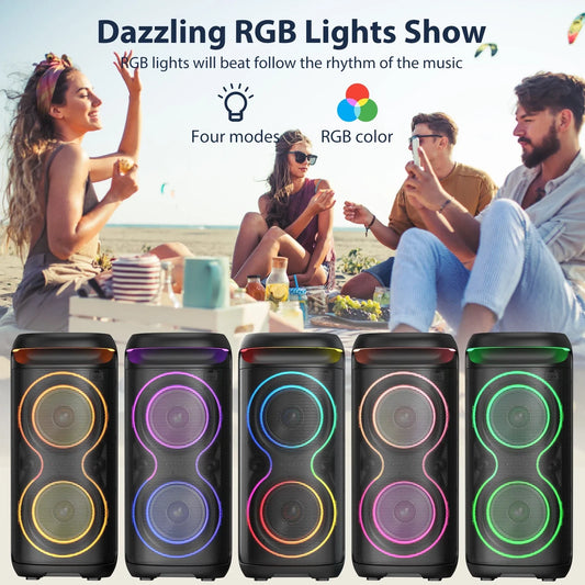 FanFun Large Bluetooth Speaker with DJ Lights, 2 Wireless Microphones, Big Party Speaker with Karaoke Speaker PA System for Outdoor