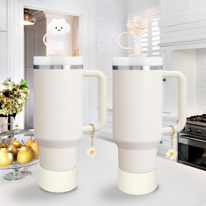 Spill Proof Stopper and Cup Accessories for Stanley, Silicone Straw Cover Cap Straw Toppers Flower Charm Cup Boots Fits Stanley 40 30 Oz Tumbler, White