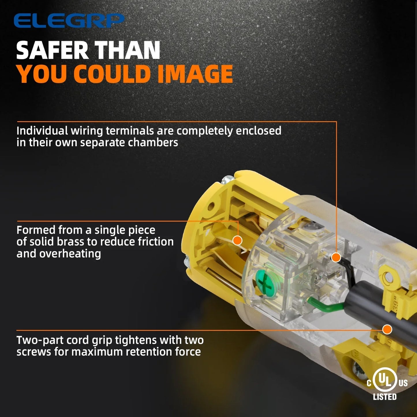 ELEGRP Lighted Straight Blade Electrical Plug and Connector Set 15 Amp 125 Volt NEMA 5-15P NEMA 5-15R 2 Pole 3 Wire Grounding, Commercial Grade, Yellow, 5 Set