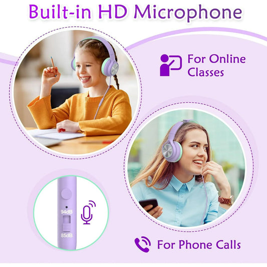 Seenda Wired Kids Headphones with Microphone, 90 Rotatable Earpads, and Upgraded Type C Connection, 85/94dB Safe Volume, On Ear Headphones for Boys/Girls/School/Tablet, Green/Purple, New