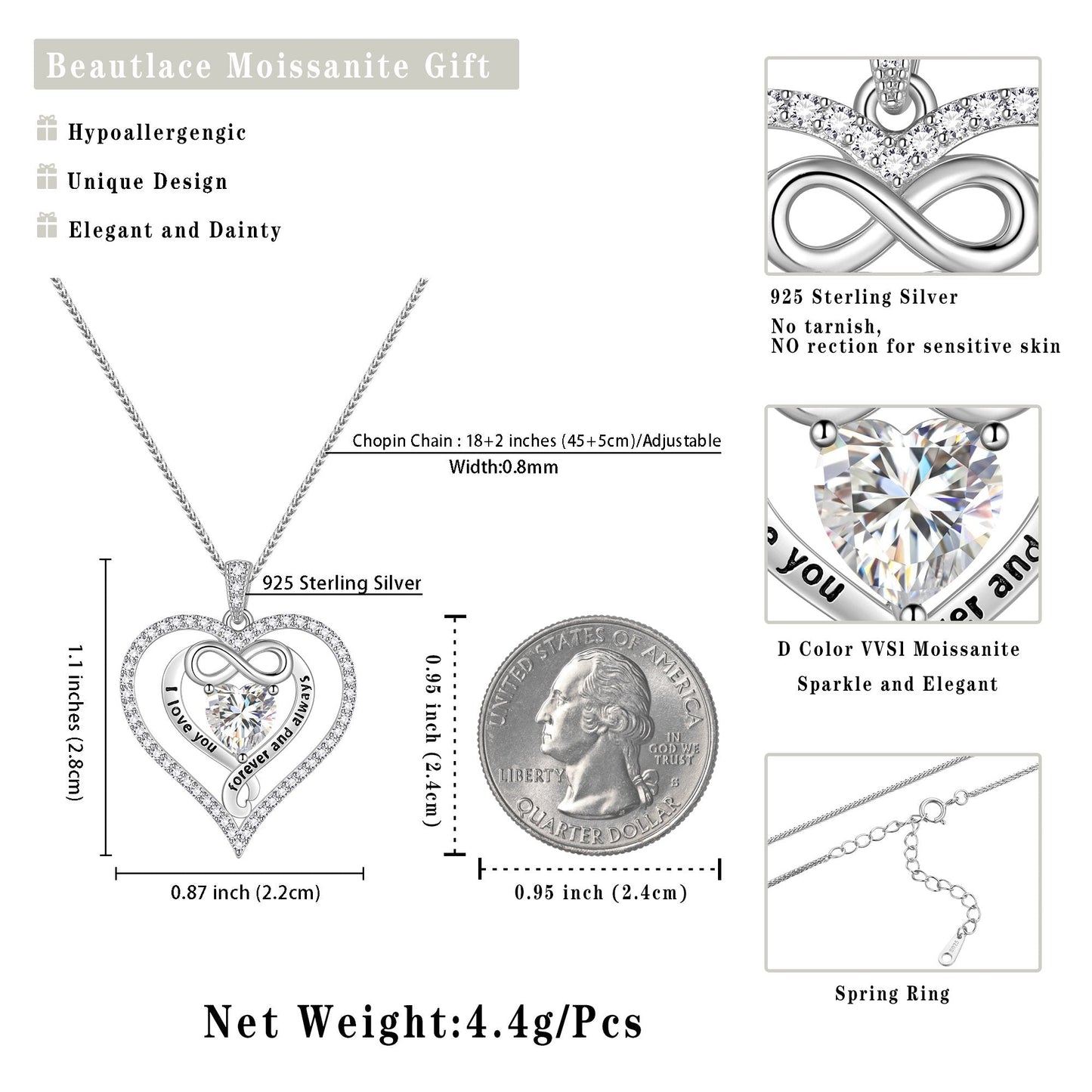 Beautlace GRA Certified 1CT Moissanite Heart Necklace,18K White Gold over Stering Silver Love Heart Birthstone Pendant I Love You Forever and Always Necklace Jewelry Gifts for Women
