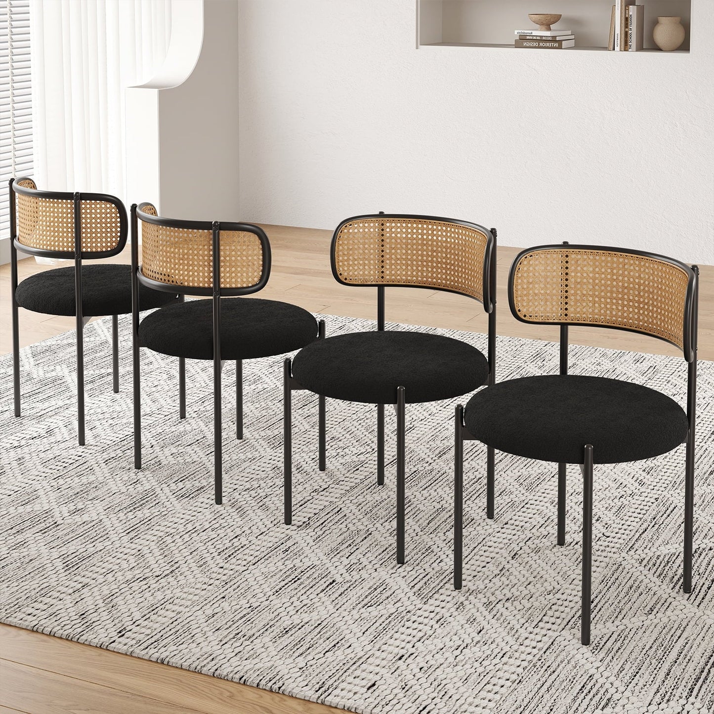 Farini Upholstered Dining Chair Set of 4, Rattan Backrest Kitchen Chair, Black