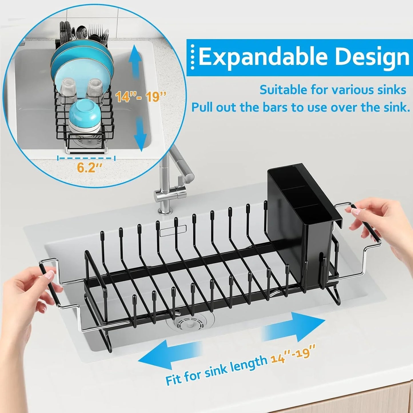 Sink Dish Drying Rack - Expandable Small Dish Rack Over Sinks with Silicone Drying Tray, Dish Drainer for Kitchen Counter with Cutlery Holder, Drying Rack Fit for 14’’-19’’ Kitchen Sink