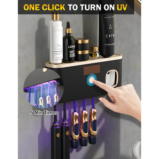 Toothbrush Holders for Bathrooms, UV Toothbrush Sanitizer Wall Mounted with Toothpaste Dispenser, Large Capacity Tray, Tooth Brushing Holder Bathroom Accessories