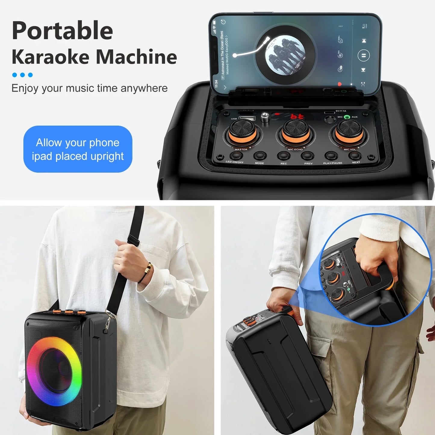 FanFun Portable Speaker, HD Stereo Sound Bluetooth Speaker with 2 Microphones, Party Speaker with DJ Lights