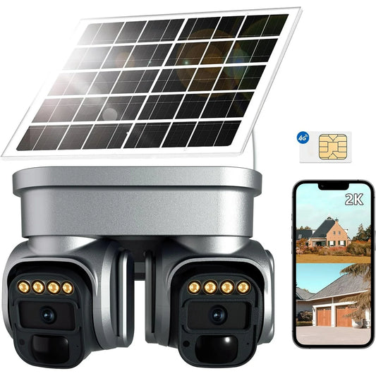 4G LTE Cellular Security Camera,No Wifi Security Camera Outdoor with Dual Lens 360 View, 2K Color Solar Cellular Cam Night Vision,PIR Motion Sensor,2 Way Talk,IP66 Waterproof, Built in SIM
