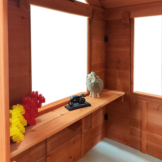 Outdoor Playhouse for Kids, All Weather Wooden Outside Playhouse with 2 Windows, Flowers Pot Holder, Half-door, Kids Cottage Playhouse, Gift for Girls Boys, Golden Red