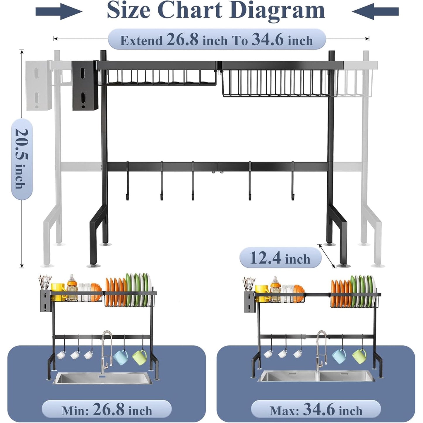 Over The Sink Dish Drying Rack, Adjustable (26.8" to 34.6") Large Dish Drainer Drying Rack for Kitchen Counter with Multiple Baskets Utensil Sponge Holder Sink Caddy, 2 Tier (Black)