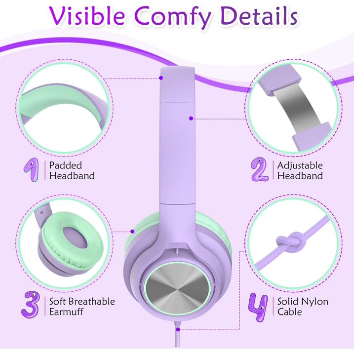 Seenda Wired Kids Headphones with Microphone, 90 Rotatable Earpads, and Upgraded Type C Connection, 85/94dB Safe Volume, On Ear Headphones for Boys/Girls/School/Tablet, Green/Purple, New