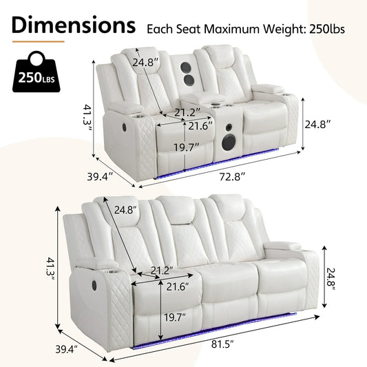 Othniel 2PCS Power Recliner Sofa Sets with Bass Speaker,Wireless Charger LED Light,USB Port,White