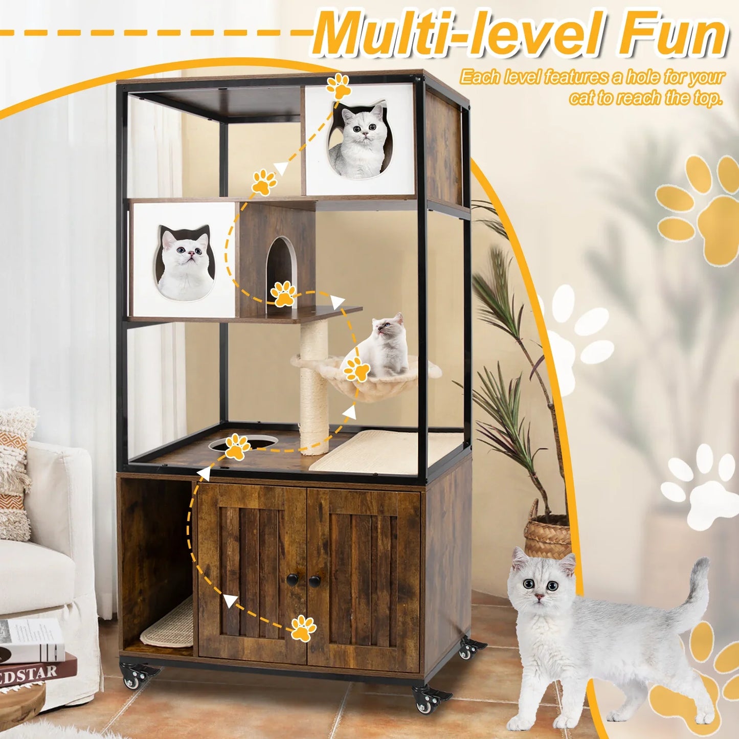 PETSCOSSET Cat Litter Box Enclosure on Wheels Washroom Furniture with Condo Hammock Scratching Mat, Multiple Platforms