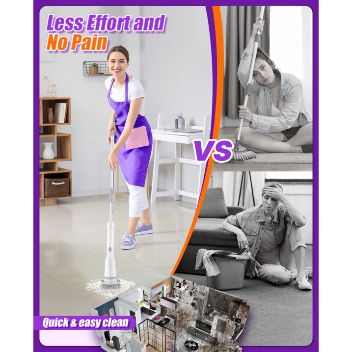 Electric Spin Scrubber, Cordless Cleaning Brush with 6 Replaceable Brush Heads and 2H Power Dual Speed, Adjustable & Detachable Long Handle, Shower Scrubber for Bathroom Tub Tile Floor Car,W-White