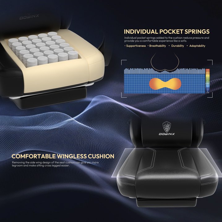 Dowinx Ergonomic Gaming Chair High Back PU Leather Office Chair with Pocket Spring Cushion, Massage Lumbar Support & Adjustable Footrest, 300LBS Weight Capacity for Adults, Computer Gaming, Black