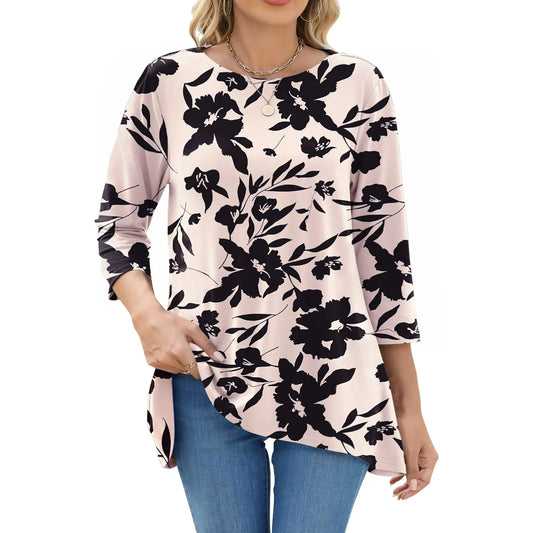 Fantaslook Plus Size Women Tunic Tops 3/4 Sleeve Dressy Casual Blouses Loose Flowy Floral Shirts