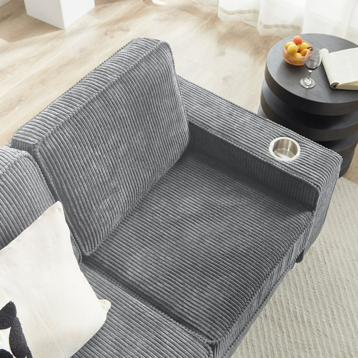 PAPROOS 3-seater Sofa for Living Room, Modern Corduroy Compressed Couch with Cup Holders, Apartments Sofa with Removable Back Cushion, Easy Assembly, Home Sofa Living Room, Gray