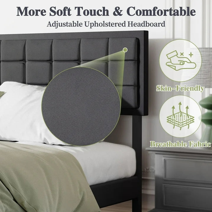 Sesslife King Size Bed Frame with Adjustable Fabric Upholstered Headboard, Wood Platform Bed with Sturdy Slats Support, Under Bed Storage, Noise Free, Easy Assembly, No Box Spring Needed, Dark Gray