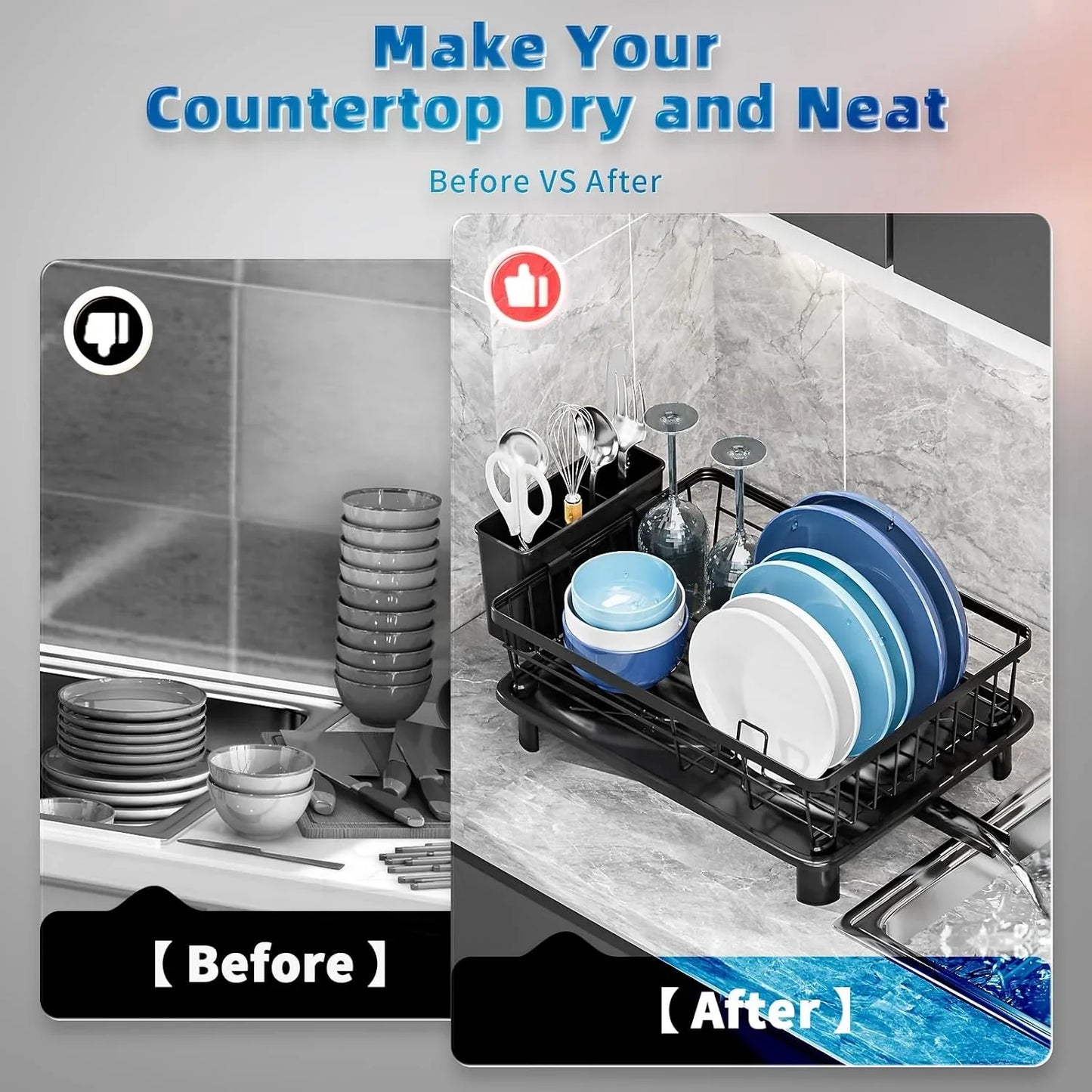 Dish Drying Rack, Space-Saving Dish Rack, Dish Racks for Kitchen Counter, Kitchen Dish Drainers with Removable Utensil Holder,Plate Rack and Drainboard, 11''W x 15''L, Black