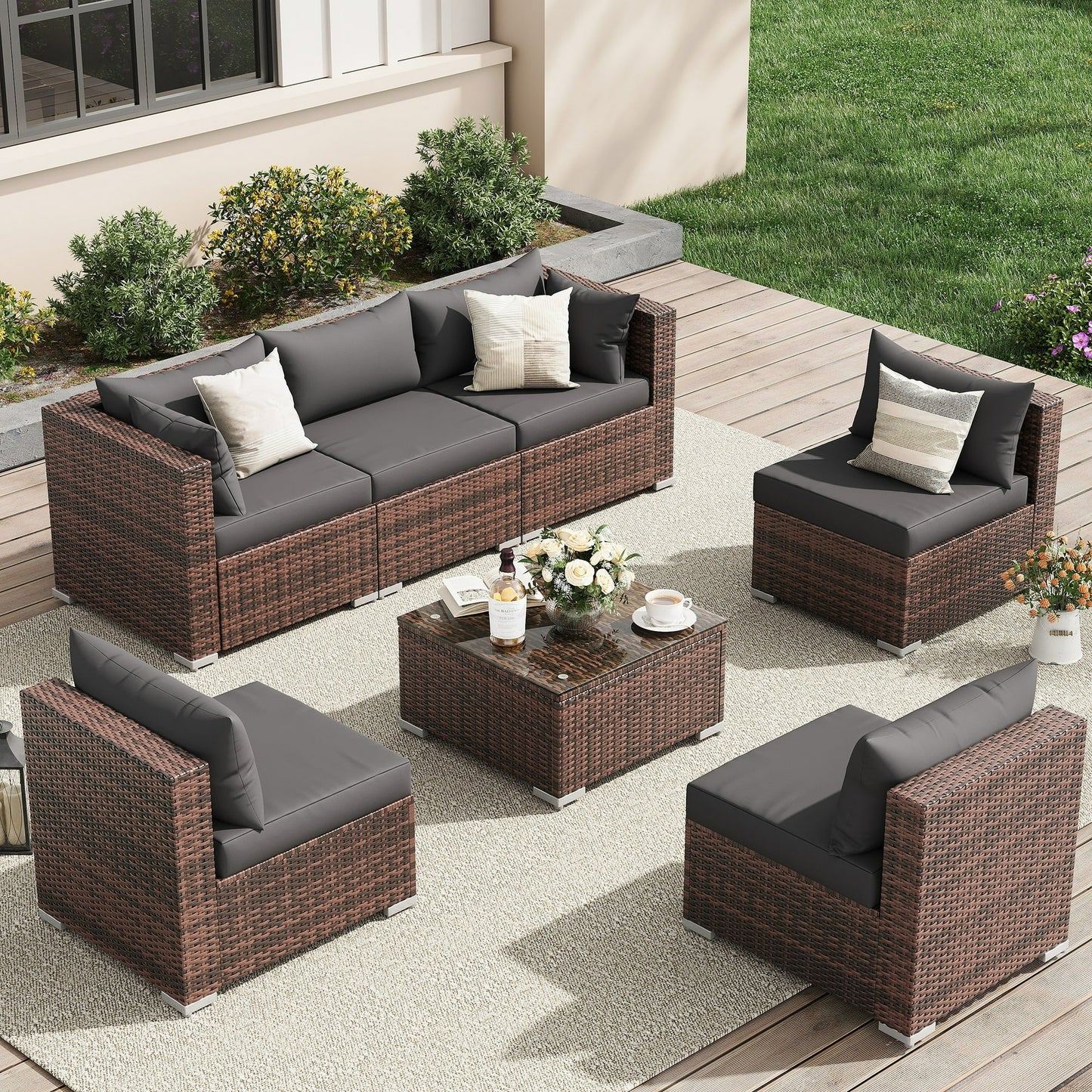 UDPATIO Patio Furniture Sets, Modular Rattan Outdoor Patio Sectional Furniture Sofa Set, Wicker Patio Conversation Set for Backyard, Deck, Poolside w/Glass Coffee Table, 7PC Grey