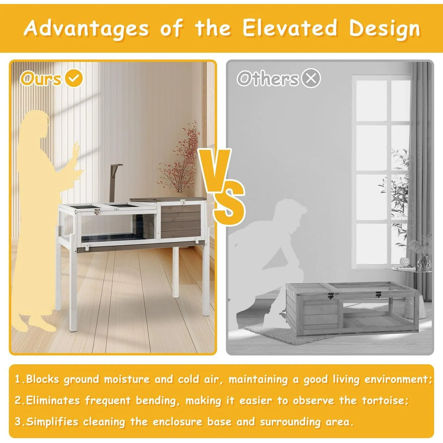 PETSCOSSET Tortoise Habitat Turtle Enclosure with Detachable Legs, Wooden Indoor Reptile Cage for Small Animals with Leakproof Tray