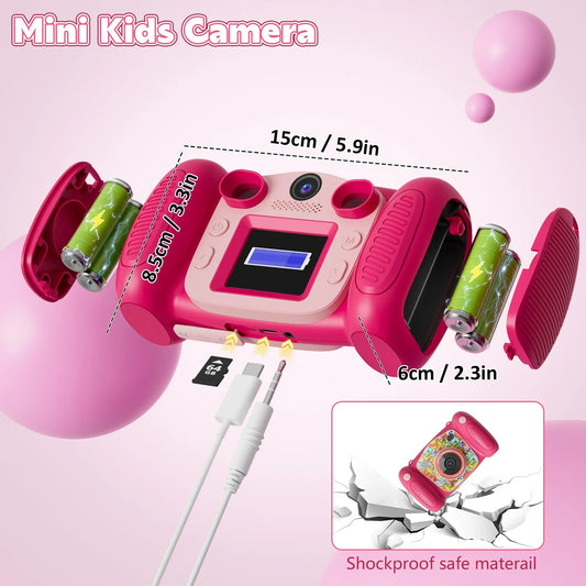 Pink Touch Kids Digital Camera - Toy Camera for Toddlers Aged 3-12, 1080P HD Photo/Video, Portable Toddler Selfie Camera, 4 Batteries, 64GB Memory, Best Birthday Gift for Kids (Red)
