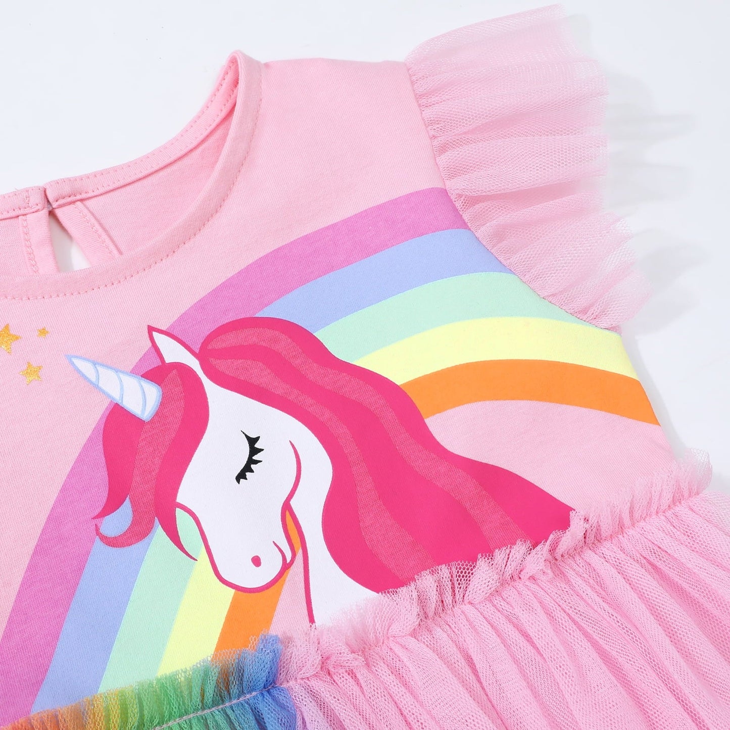 HILEELANG Baby Girl Easter Dresses Short Ruffle Sleeve Cotton Tulle Tutu Pink Unicon Birthday Party Dresses 2T