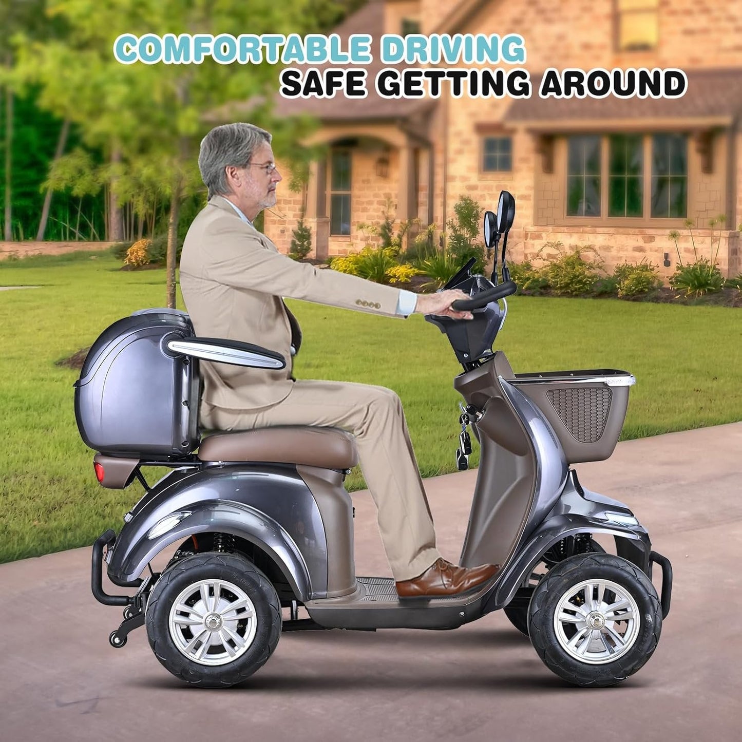 4 Wheel Electric Powered Mobility Scooter Wheelchair for Adults Seniors Pre Assembled in USA, 500lbs Capacity, 25 31 Miles Range, 3 Speed Up to 15 MPH, 800W Motor Power (Brown)
