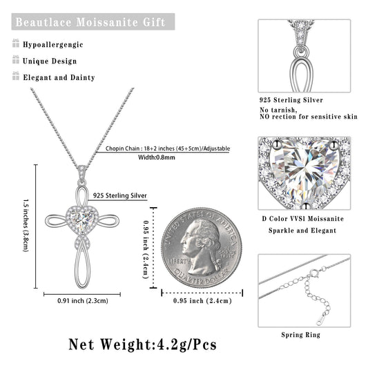 Beautlace GRA Certified 1 Carat Moissanite Cross Necklace,18K White Gold over Stering Silver Heart Birthstone Pendant Necklace Jewelry Birthday Christmas Valentines Gifts for Women