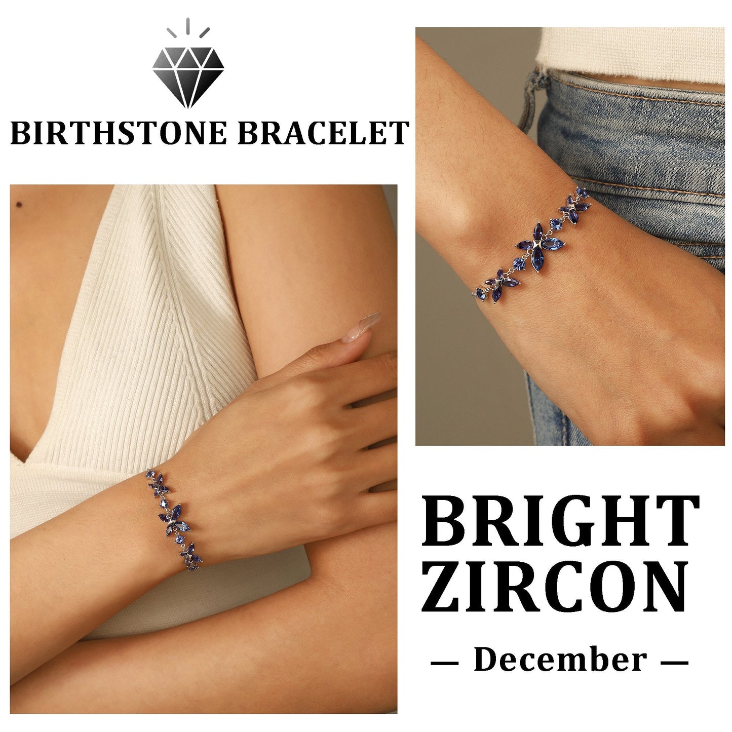 Beautlace 18K White Gold over Silver Butterfly Gemstone Bracelet,Adjustable December Tanzanite Birthstone Bracelet Charms Jewelry Birthday Christmas Valentines Gifts for Women