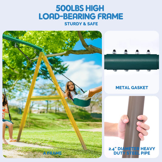 KloKick 7.5ft Heavy Duty Swing Set for Backyard, 500lbs Capacity Outdoor Metal Swing Set for Kids Adults with Spider Swing and Belt Swing (Green)