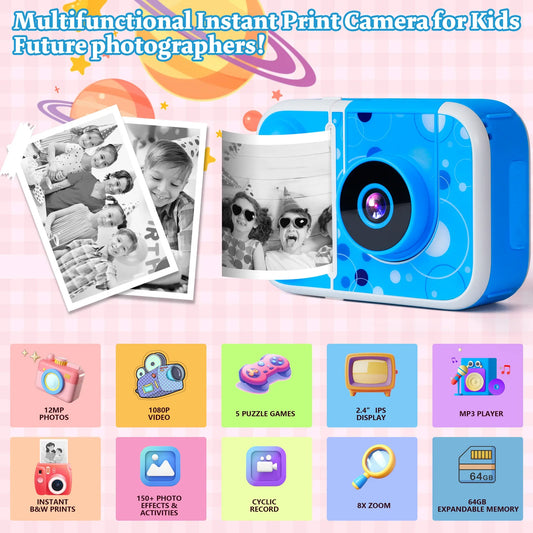Pink Touch Kids Camera Instant Print, Front Rear Dual Selfie Kids Camera with 1080P Videos, Portable Children Digital Camera with 64GB Card, Best Christmas and birthday gifts for kids aged 3-12, Blue