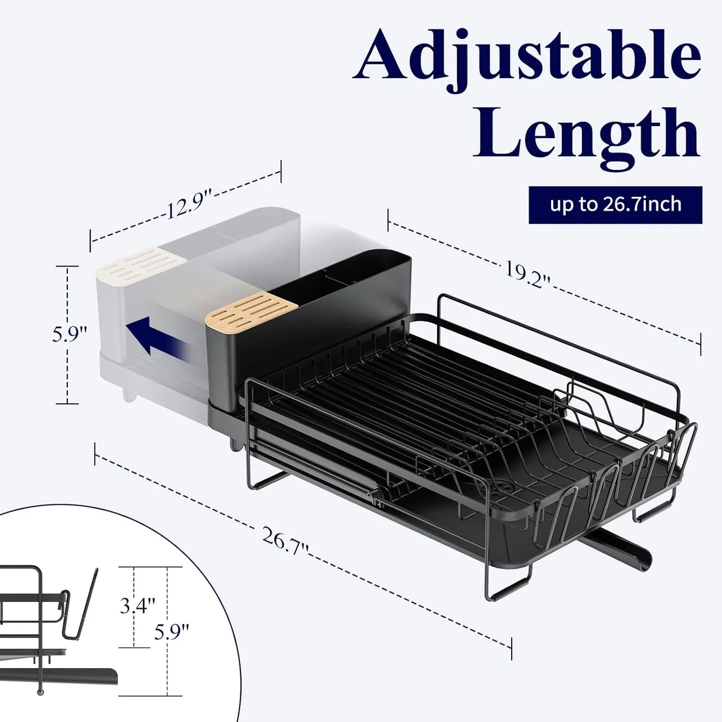 Large Dish Drying Rack - Extendable Dish Rack, Multifunctional Dish Rack for Kitchen Counter, Anti-Rust Drying Dish Rack with Cutlery & Cup Holders 19.2"-26.7" L x 12.9" W, Black