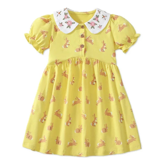 HILEELANG Toddler Girls Easter Short Sleeve Peter Pan Collar Dress Spring Summer Cotton Casual Pink Yellow Bunny Printed Jersey Shirt Dresses 2 Packs 2T