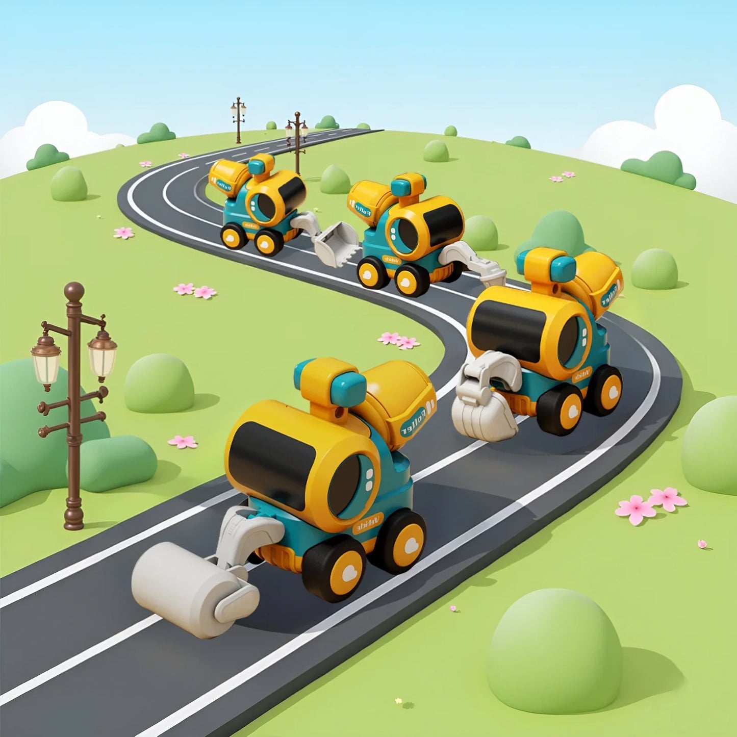 Construction Toys Set Of 4 Excavator Road Roller Bulldozer Pile Driver, Pressing Engineering Car Vehicles Toys for 3 5 Year Old Children Boys Girls Toddler Kids Christmas Birthday Gift Trucks Toy
