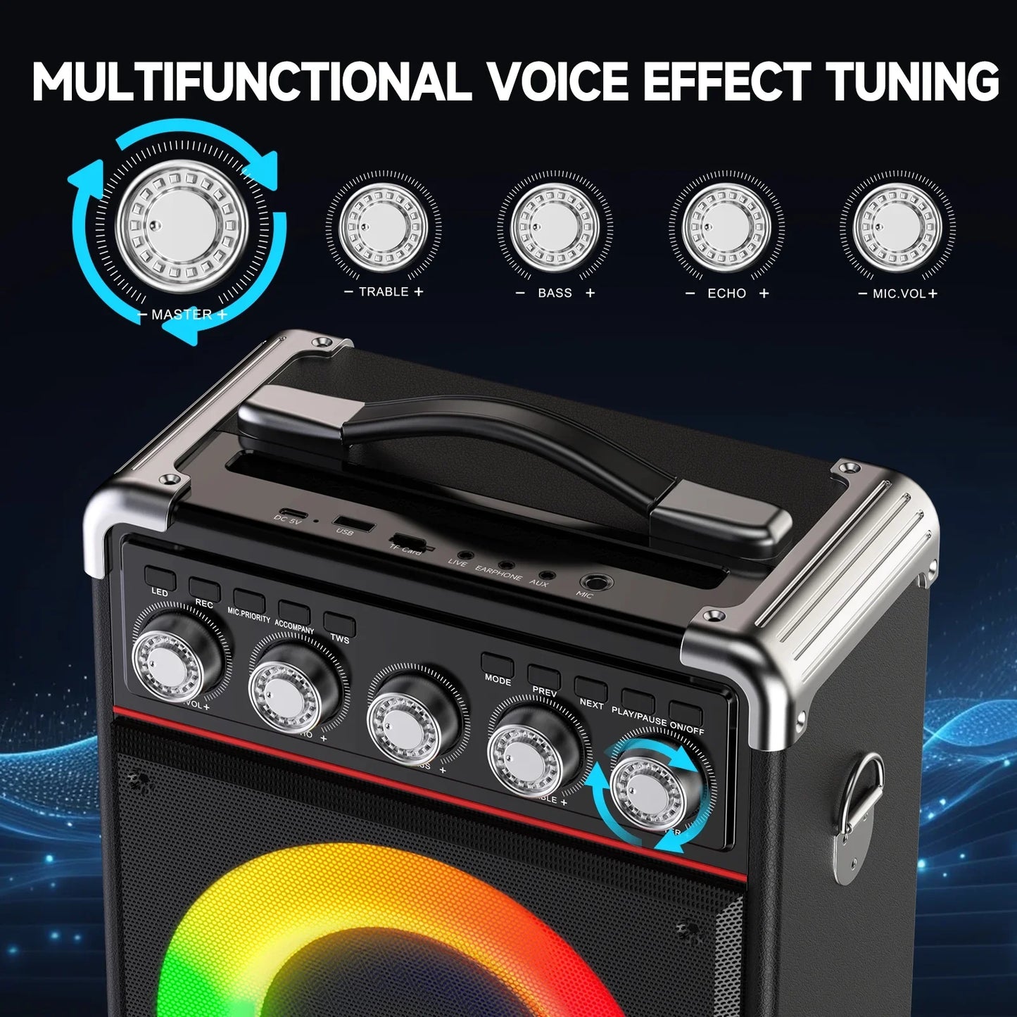 FanFun Party Speaker with 2 Microphone, 6.5" Subwoofer Portable Bluetooth Speaker with DJ Lights and Remote Control, 20W Powerful Stereo Sound and Deep Bass Outdoor Speaker