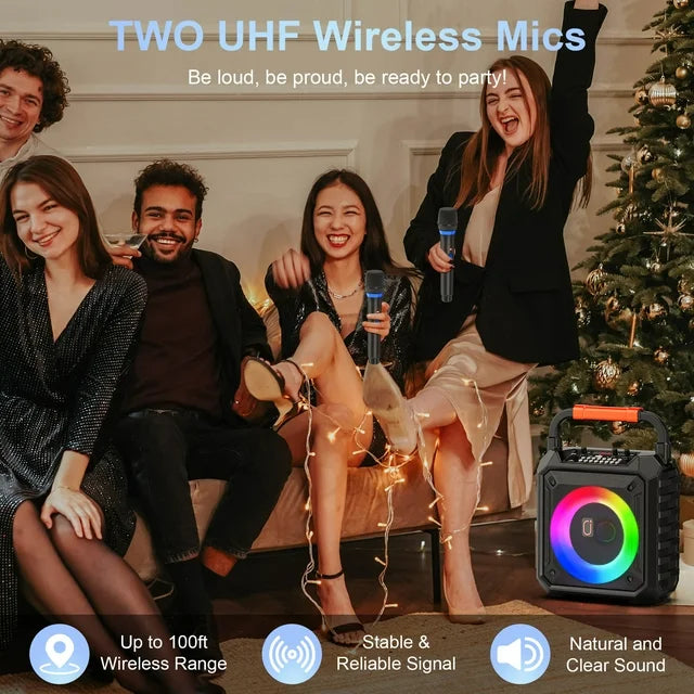 FanFun Portable Speaker, 20W Stereo Sound Party Speaker with Microphones, 12H Playing Time Bluetooth Speaker with RGB Light for Party