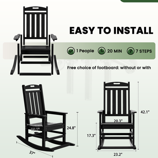 HDPE Outdoor Rocking Chairs , Patio Rocking Chairs with footrest design, Smooth Porch Rocker for Lawn,Porch,Backyard,Indoor and Garden,Black