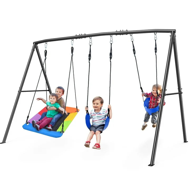 KloKick 440lbs Outdoor Swing Set for Kids Includes Toddler Swing, Belt Swing, and Platform Swing, Metal Frame for Backyard Play