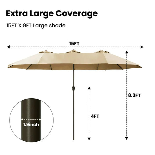 Greforg 15FT Triple Outdoor Patio Umbrella with Base Included Vented Canopy, Waterproof UV Protection, Ideal for Garden, Deck, Poolside, and Restaurant Beige