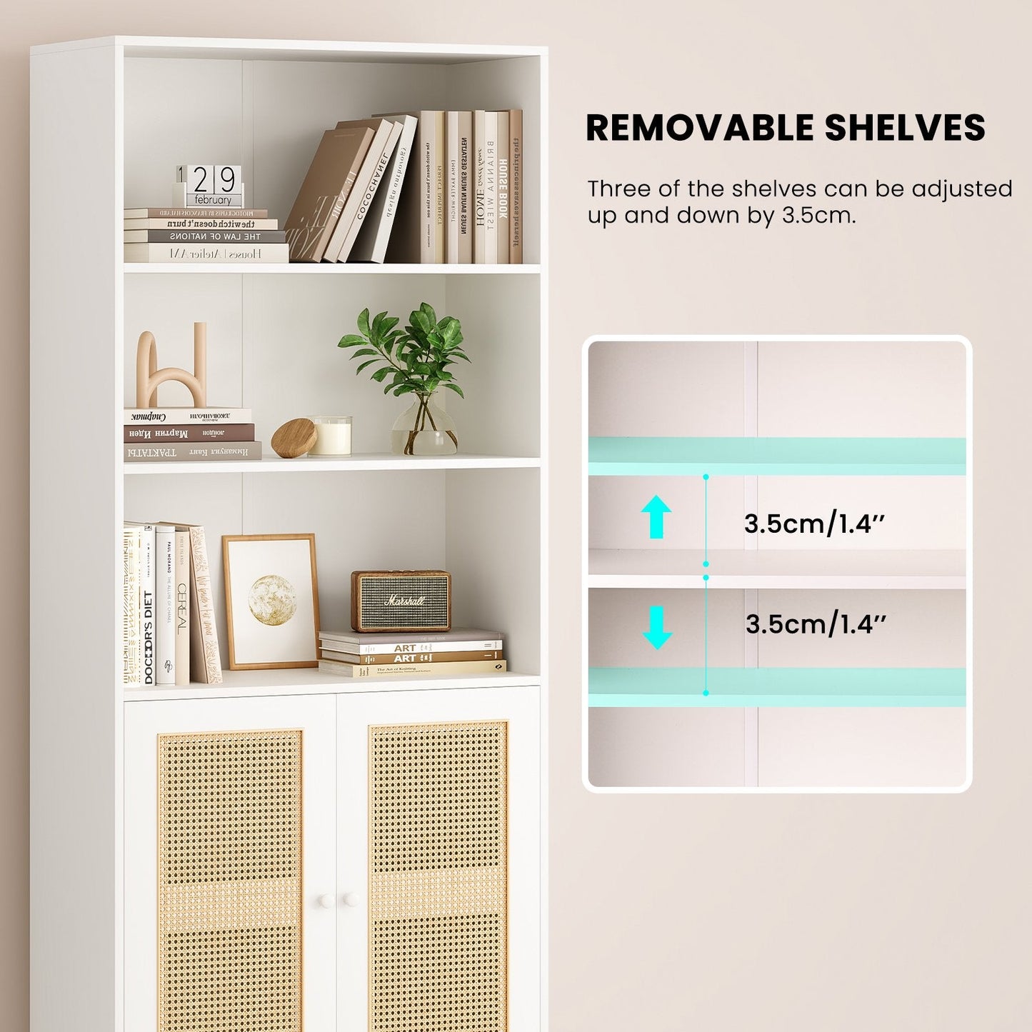 Farini Tall 5 Tier Bookcase, Storage Shelf with Rattan Doors for Living Room, Office, Library, White