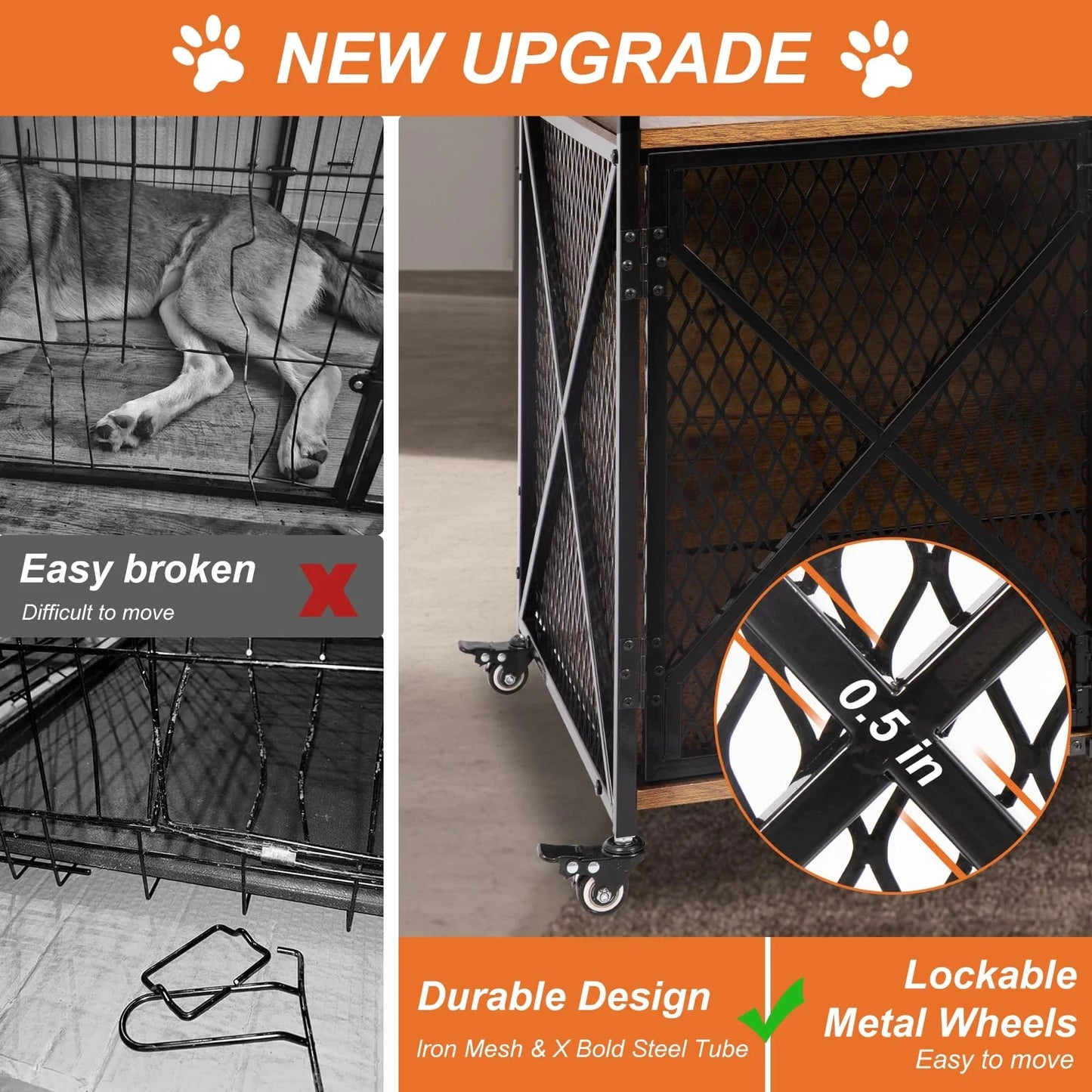 PETSCOSSET Dog Crate Furniture, 41"L Wooden Dog Kennel with Cushion