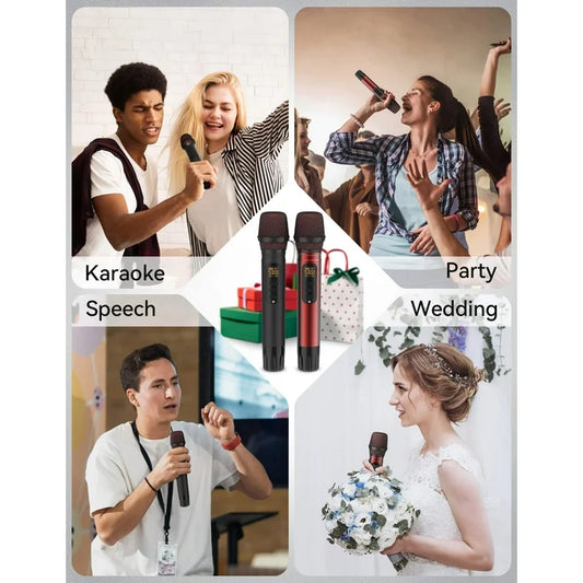 Fixdono Wireless Microphones, Rechargeable Karaoke Microphone Metal Dual Handheld Cordless Dynamic Mic System with Receiver for Singing, Speech, Wedding, Church, PA System, 200ft