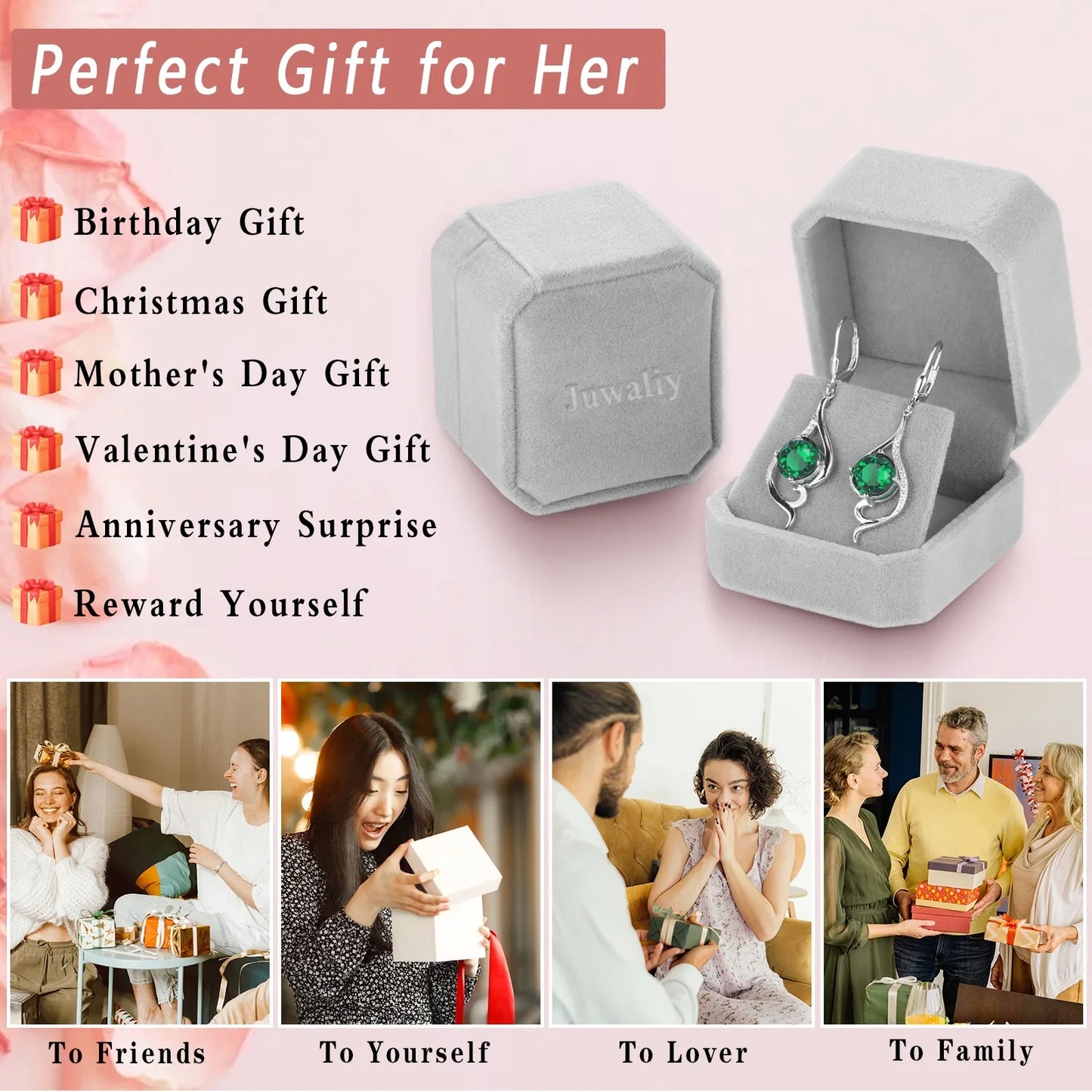 Juwaliy Women Dangle Earrings May Birthstone Earring Emerald Green 925 Sterling Silver Leverback Hanging Tail Jewelry Mother's Day Gift