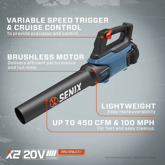 SENIX 20 Volt Max* Cordless Brushless Leaf Blower, Variable Air Speeds Up To 450 CFM 100 MPH, Light Weight, Battery and Charger Included, BLAX2-M3