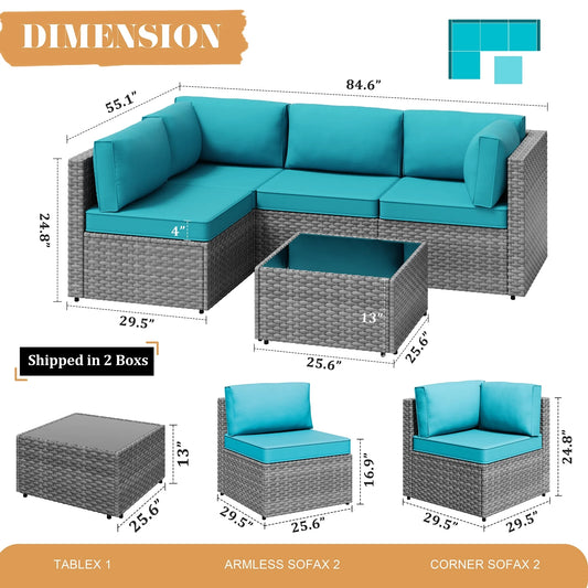 Carpet Outdoor Wicker Rattan Sectional Sofa Patio Furniture Conversation Sets with Glass Table and Cushions for Lawn Backyard Deck,Blue
